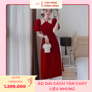 ÁO DÀI CÁH TÂN CHẤT LIỆU NHUNG CỔ YẾM TAY BỒNG